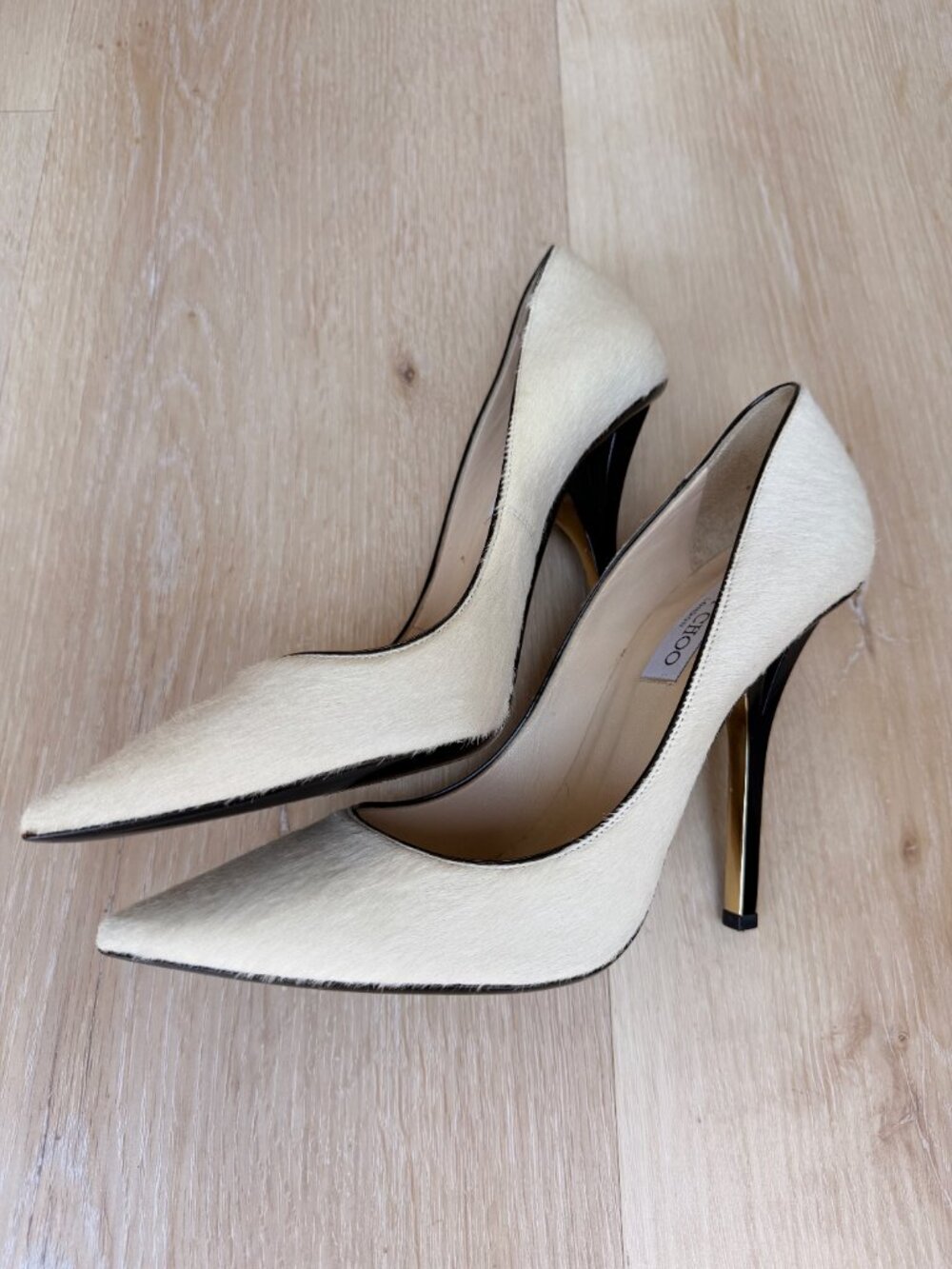 Jimmy Choo Ivory Calf Hair Pointed Stiletto Pumps 120mm Gold Heel Size 39 - Picture 6 of 10